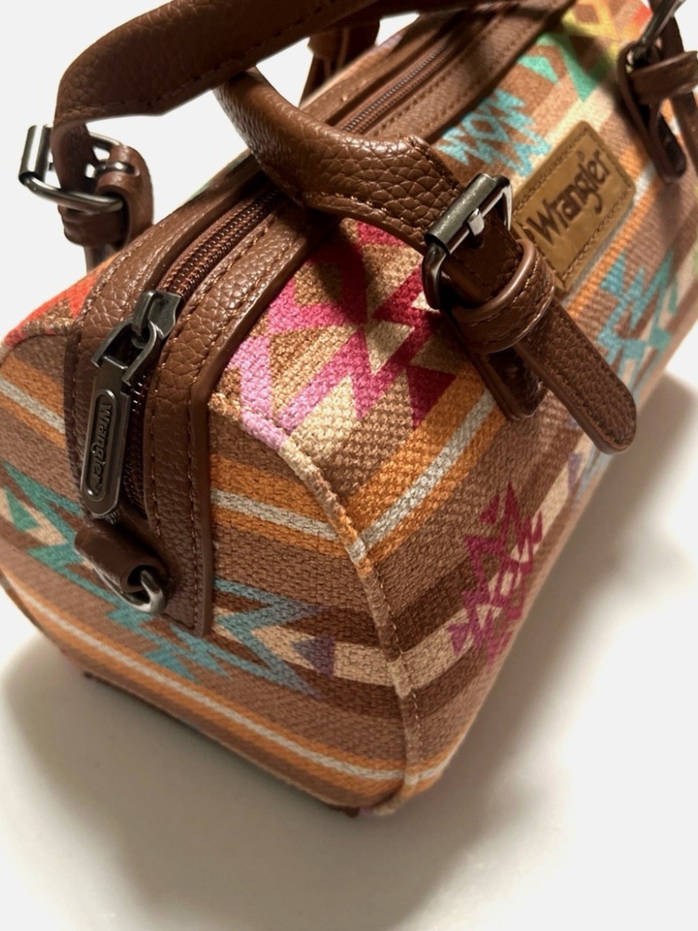 Wrangler Multicolor Aztec-Patterned Brown Canvas Satchel - Picture 4 of 9
